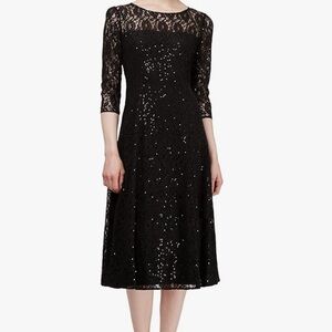 S.L.N.Y Fashions Women's Midi Length Sequin Lace Fit n Flare Dress plus 14 black